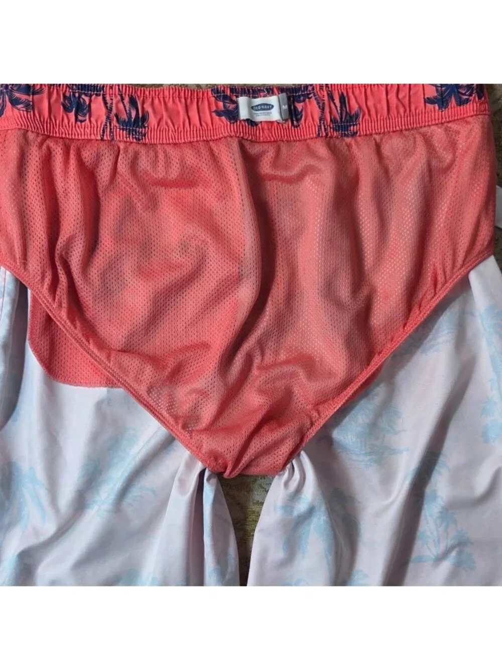 Old Navy Men's Pink Blue Tropical Palm Tree Print Lined Swim Trunk Shorts Size M